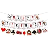 Zwiebeco Casino Theme Happy Birthday Banner Colorful Poker Sign Hanging Paper Party Decorations for Men Women Playing Cards Game Themed Accessories Supplies