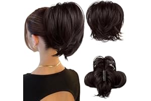 HOOJIH Ponytail Extension, Claw Clip in Straight Hair Bun Messy Bun 9 Inch Short Ponytail Extension with Bendable Metal Wire Hair Pieces for Women Fake Hair Bun DIY Styles - Dark Brown