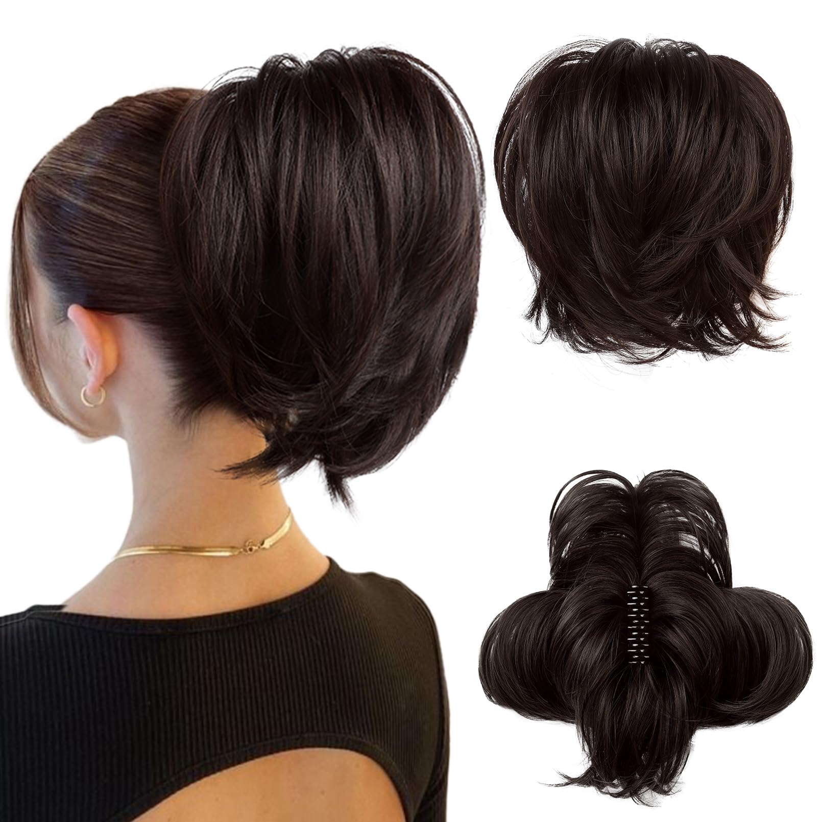 Photo 1 of HOOJIH Ponytail Extension, Claw Clip in Straight Hair Bun Messy Bun 9 Inch Short Ponytail Extension with Bendable Metal Wire Hair Pieces for Women Fake Hair Bun DIY Styles - Dark Brown