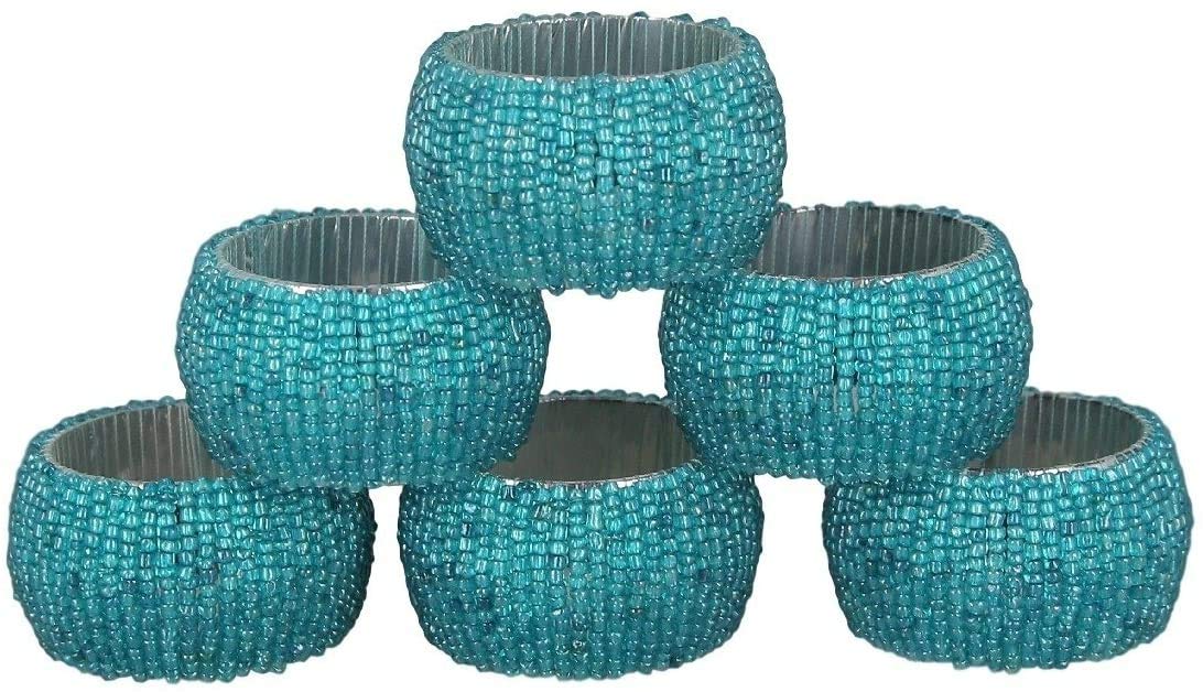 Turquise Beaded Napkin Rings Set of 6 – Luxury Decorative Napkin Holders for Dining Table, Wedding, Party & Festive Table Decor – Elegant Handmade Bead Design, Durable & Reusable