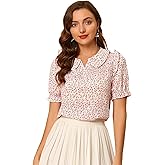 Allegra K Peter Pan Collar Tops for Women's Puff Short Sleeve Ruffle Vintage Smocked Floral Blouse