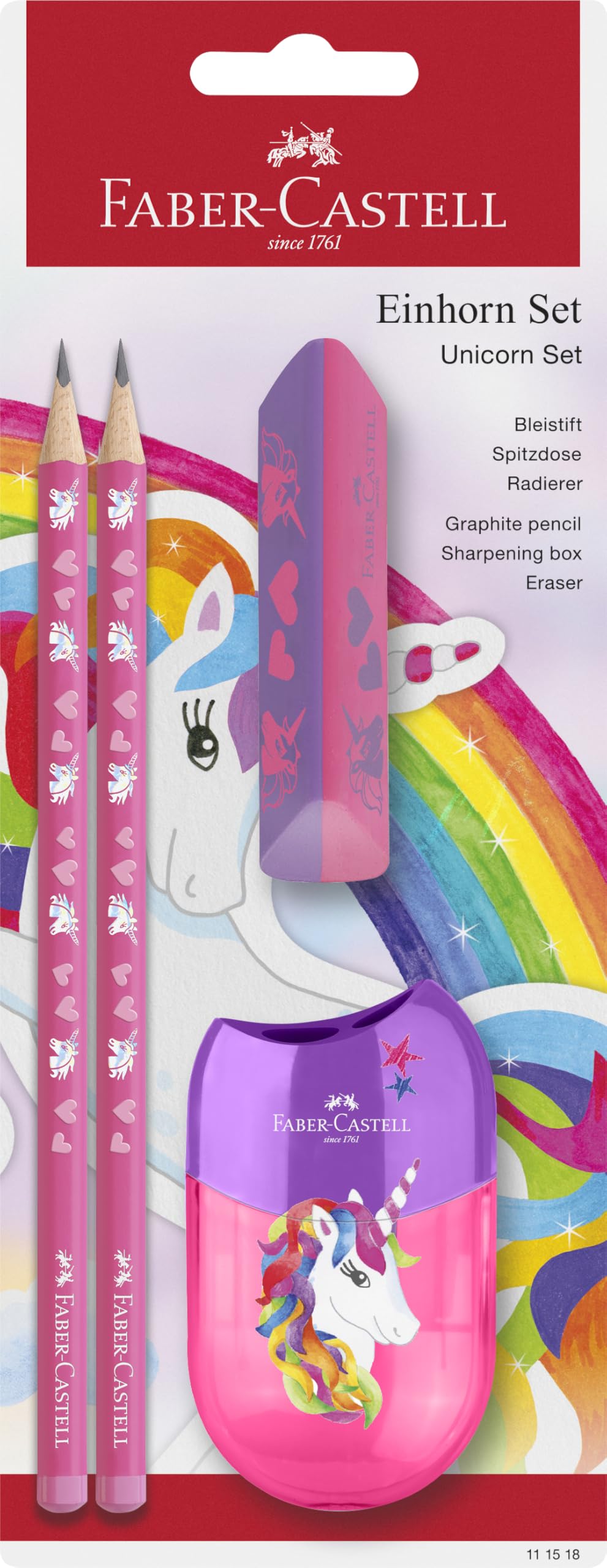 Faber-Castell 111518 - Schreibset Einhorn mit Bleistifte HB, Spitzer und Radiergummi, Schulset für Kinder