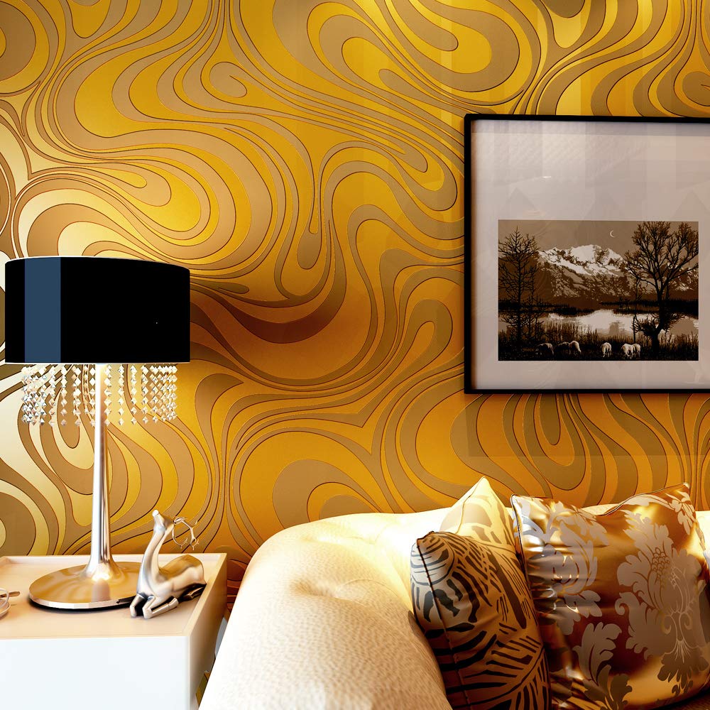 YangYun Home Decoration Modern 3D Abstract Curve Wave Non-Pasted Flocking Striped Wallpaper Roll for Living Room Bedroom Gold Color 2.3'W x 27.56'L