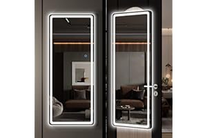Hasipu LED Door Mirror Full Length, 44.1" x 15.8" Lighted Over The Door Hanging Mirror, Full Body Wall Mounted Mirror, Light Up Long Dressing Mirror, Round Black