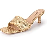 COMJUY Raffia Sandals Womens Heeled Sandals Comfortable 2 Inch Kitten Heels Lightweight Square Toe Summer heels