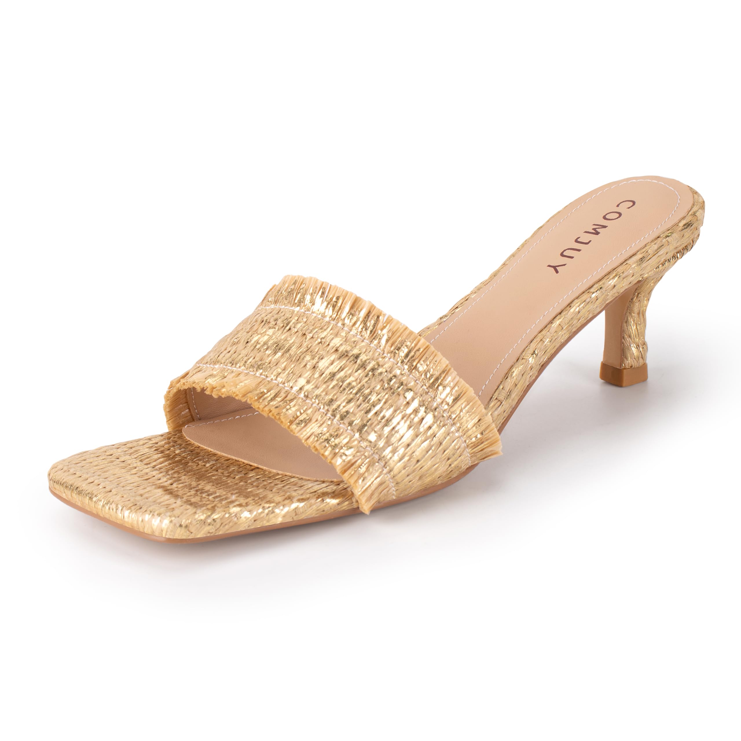 Photo 1 of COMJUY Gold Raffia Mule Sandals for Women Square Toe Slip On Kitten Heels Woven Heeled Slides for Summer Dress and Vacation Size 9