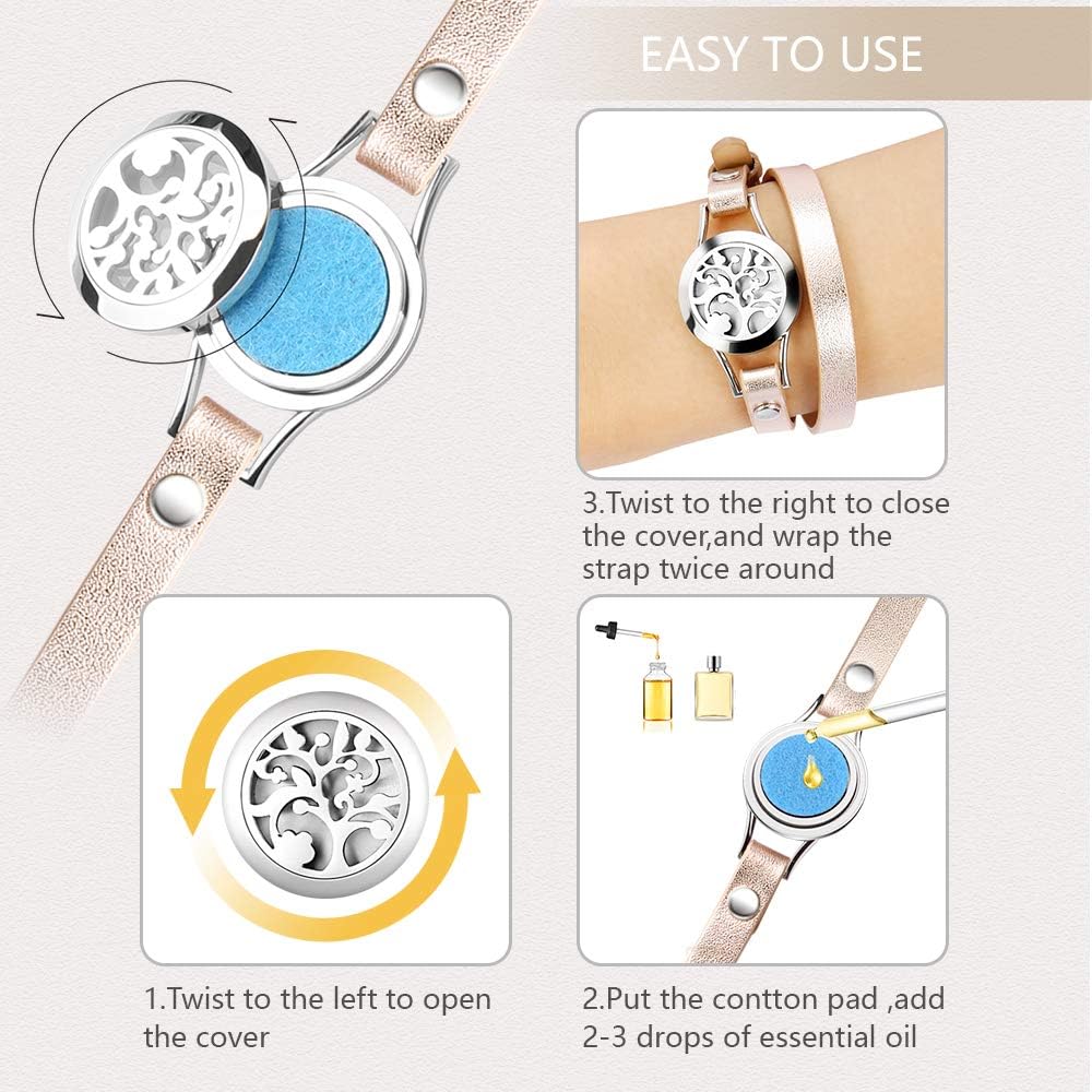 Essential Oil Diffuser Bracelet, Aromatherapy Bracelet Jewelry Stainless Steel Locket Leather Band with 8pcs Washable Refill Pads Birthday Gifts for Women,Girlfriend, Mother,Sister,Aunt: Beauty