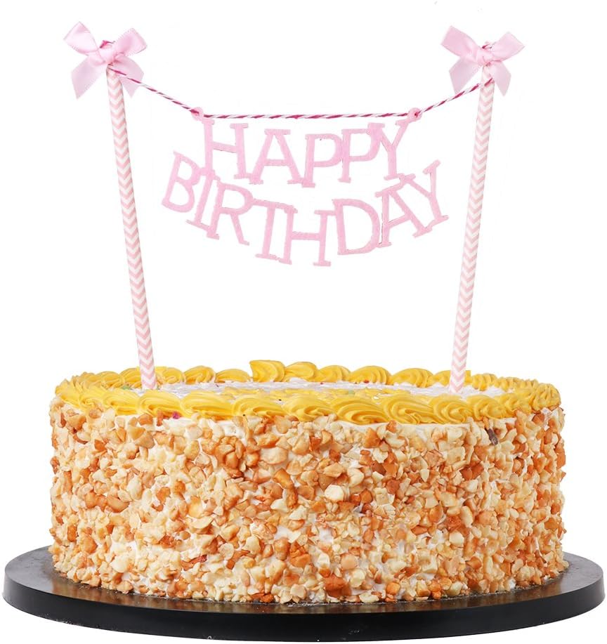 QIYNAO Mini bow-knot Happy Birthday Banner Cake Topper,Party Cake Decoration Supplies (Pink)