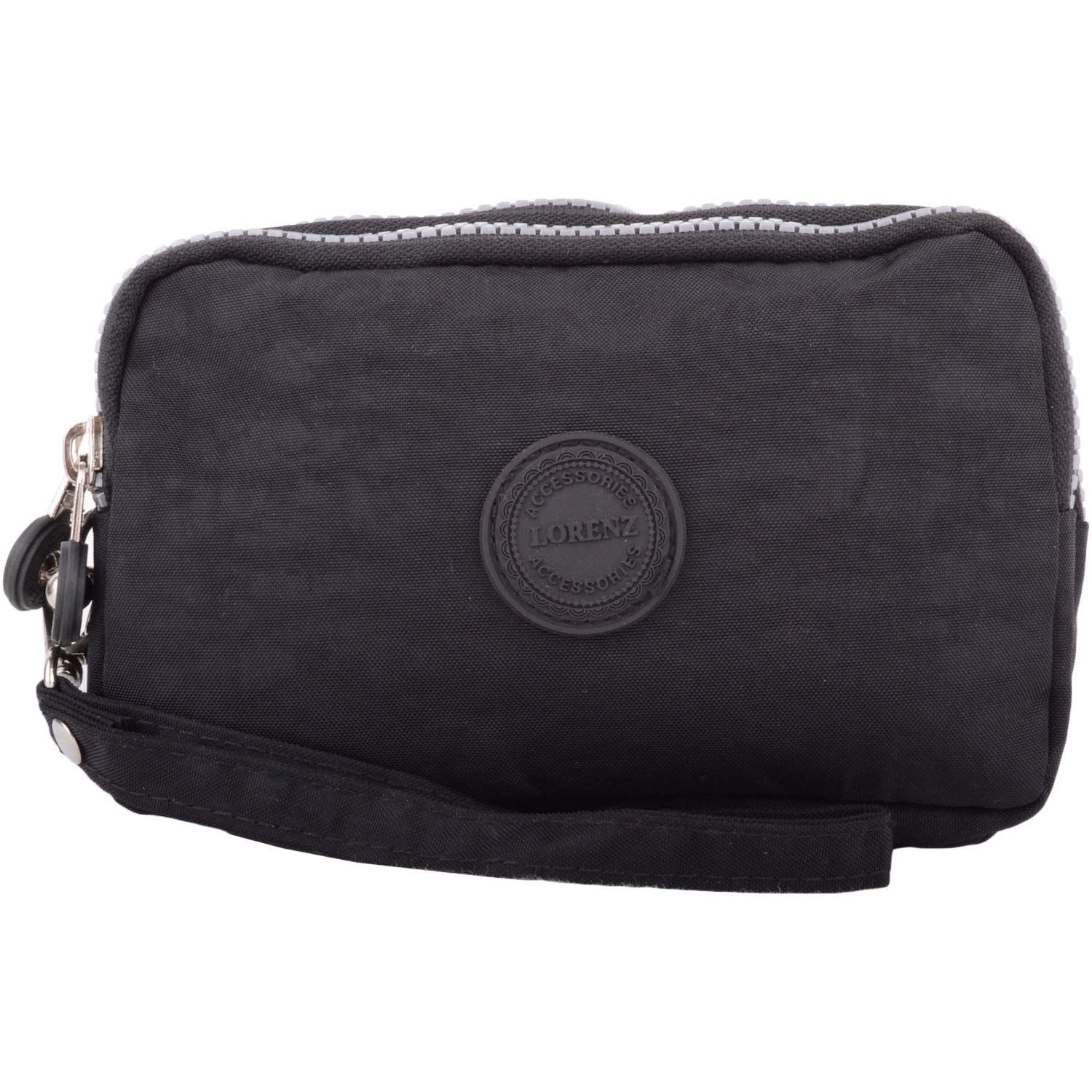 Womens Large Zip Round Multi-Compartment Purse/Clutch/Money Holder Wrist Strap - Black