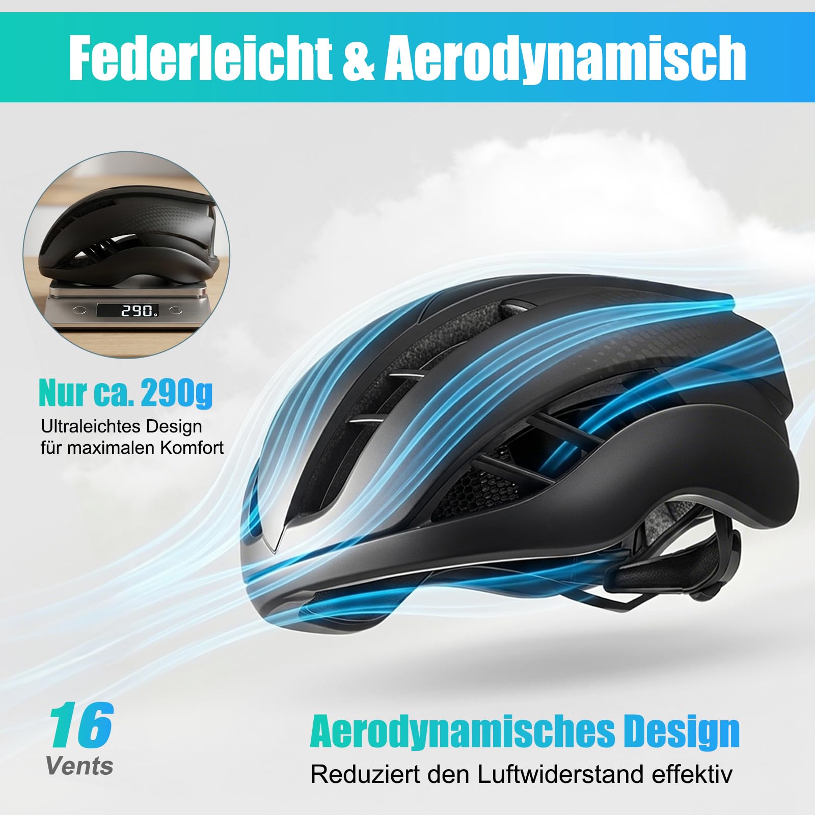 Fahrradhelm Herren Damen, Leichter Fahrradhelm Erwachsene für City & Rennrad mit Magnetverschluss, 16 Belüftungsöffnungen, CE EN1078 – Verstellbar M/L (55–61 cm, ca. 290–300g) 4