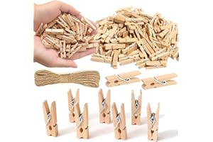 SETNDTS 1.35 Inch Mini ClothesPins for Photo【100 Pcs】 with 32 Feet Jute Twine，Mini Clothes Pins for Crafts,Wooden Small Clothes Pins for Pictures,Tiny Decorative Clothespins for Baby Shower(Natural Color)