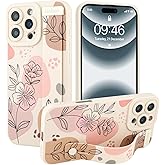 Jefonha for iPhone 16 Pro Silicone Phone Case with Strap for Women Girls Cute Floral Flowers Pattern Design Adjustable Soft Wirstband Kickstand Shockproof Protective Cover for 16 Pro, Beige