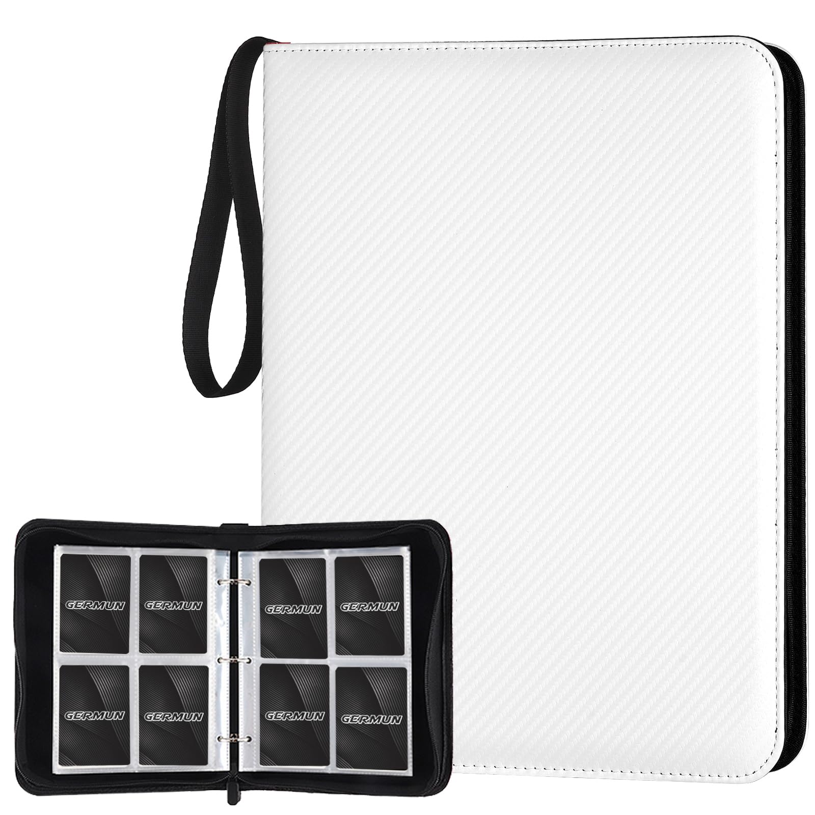 Photo 1 of GERMUN 4 Pocket Card Binder, Premium Zip Trading Card Binder, 400 Double Sided Pocket PU Card Collection Binder, Collector Card Album, Card Folder for MTG, TCG, Sports Cards, Game Cards (White)