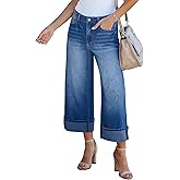 GRAPENT Wide Leg Jeans for Women High Waisted Stretchy Denim Crop Pants Fold Hem Cropped Baggy Jeans with Pockets