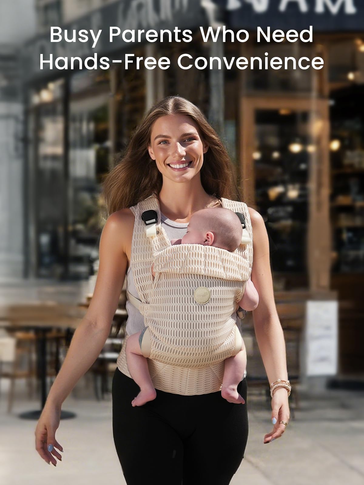 GROWNSY Baby Carrier Newborn to Toddler, Breathable Mesh Carrier(7-44lbs) with One-Click Sliding Clasp, Head Support, Ergonomic Design and Hands-Free Comfort, Almond Beige