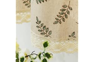 Moslovstar Beige Kitchen Curtain 36 Inch Length 1 Piece Cafe Curtain Tier Linen Textured Semi Sheer Farmhouse Short Curtains for Small Window, Green Leaves