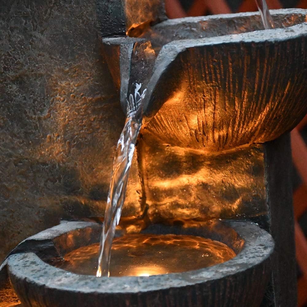 GF Gardenfans 5-Tier Outdoor Water Fountain Decor with LED Lighting Natural Looking Stone Resin Fountain Decor for Garden Patio Fold Court Yard Deck 12.99〃 L x 13.78〃 W x 39.76〃 H: Home & Kitchen