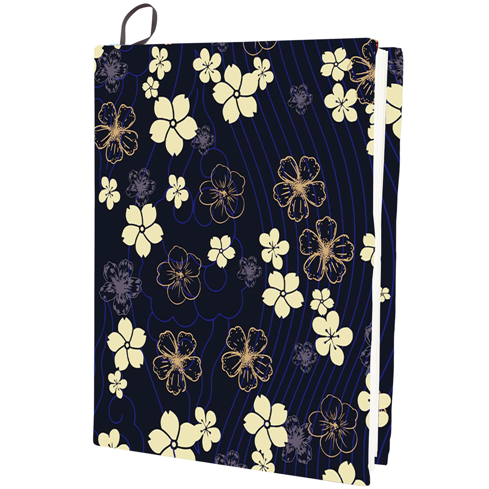 CRASPIRE Flower Stretchable Book Cover Floral Navy Blue Washable Reusable Large Nylon Cloth Polyester Book Protector Elastic Notebook Wraps Suitable for Most Hardcover Books