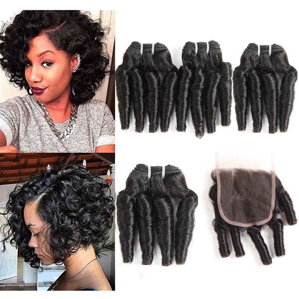 Photo 1 of Molefi Brazilian Funmi Hair Curly Weave 4 Bundles with Lace Closure burmese curly bundles human hair with 4x4 Closure 100% Human Hair Extensions 50g/pc Natural Black (8 8 8 8 +8)