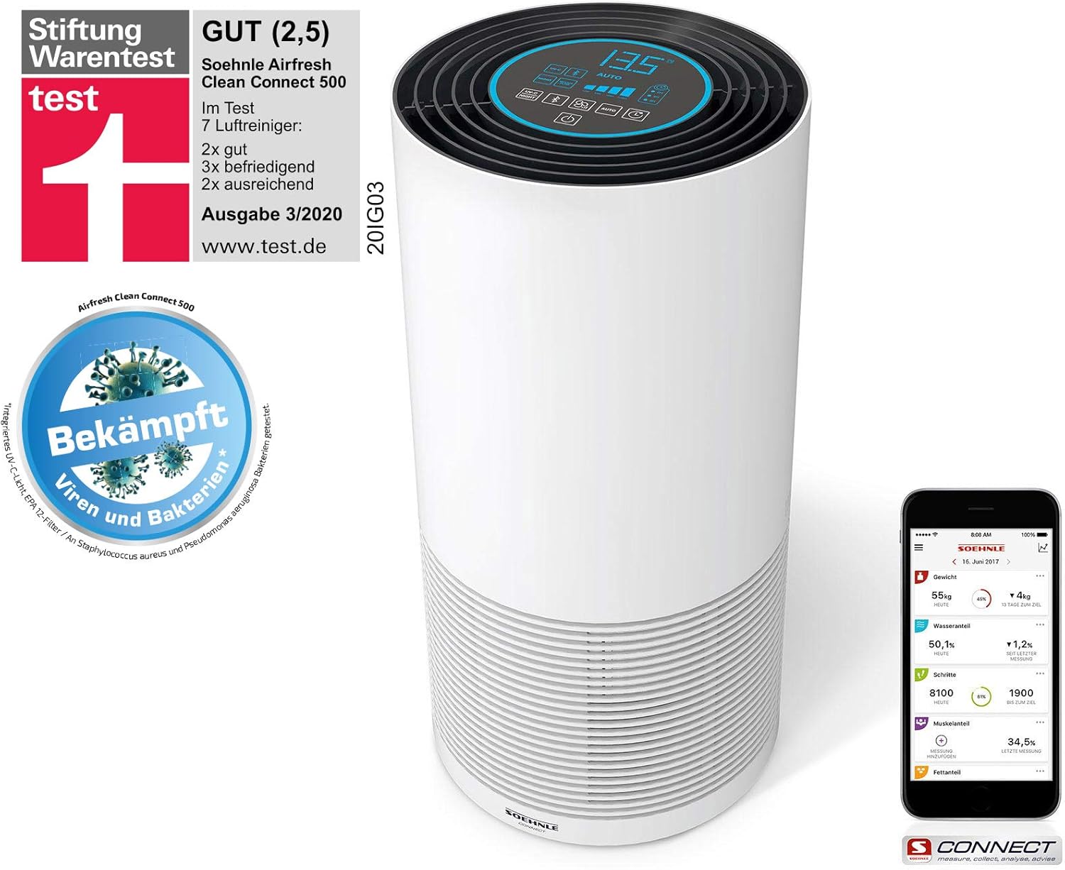 Soehnle Airfresh Clean Connect 500 Mit Bluetooth Luftreiniger Mit App Anbindung Air Purifier Reinigt Partikel Luftreiniger Fur Beste Luftqualitat Amazon De Baumarkt