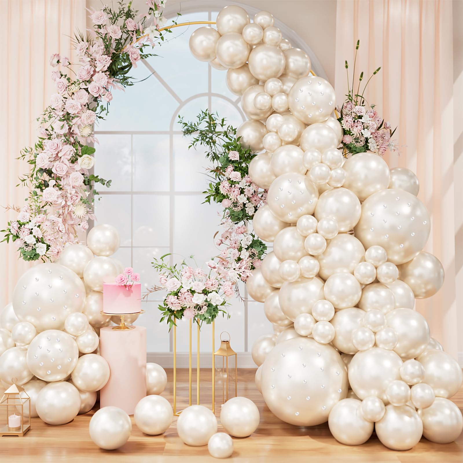Photo 1 of Pearl White Double Stuffed Balloon Arch Kit - 83 Pcs Double Layer Pearl White Balloons (18",12",10",5") with Pearl Stickers, Dot Tape, Chains & Ribbon for Bridal Shower Party Decorations,Wedding