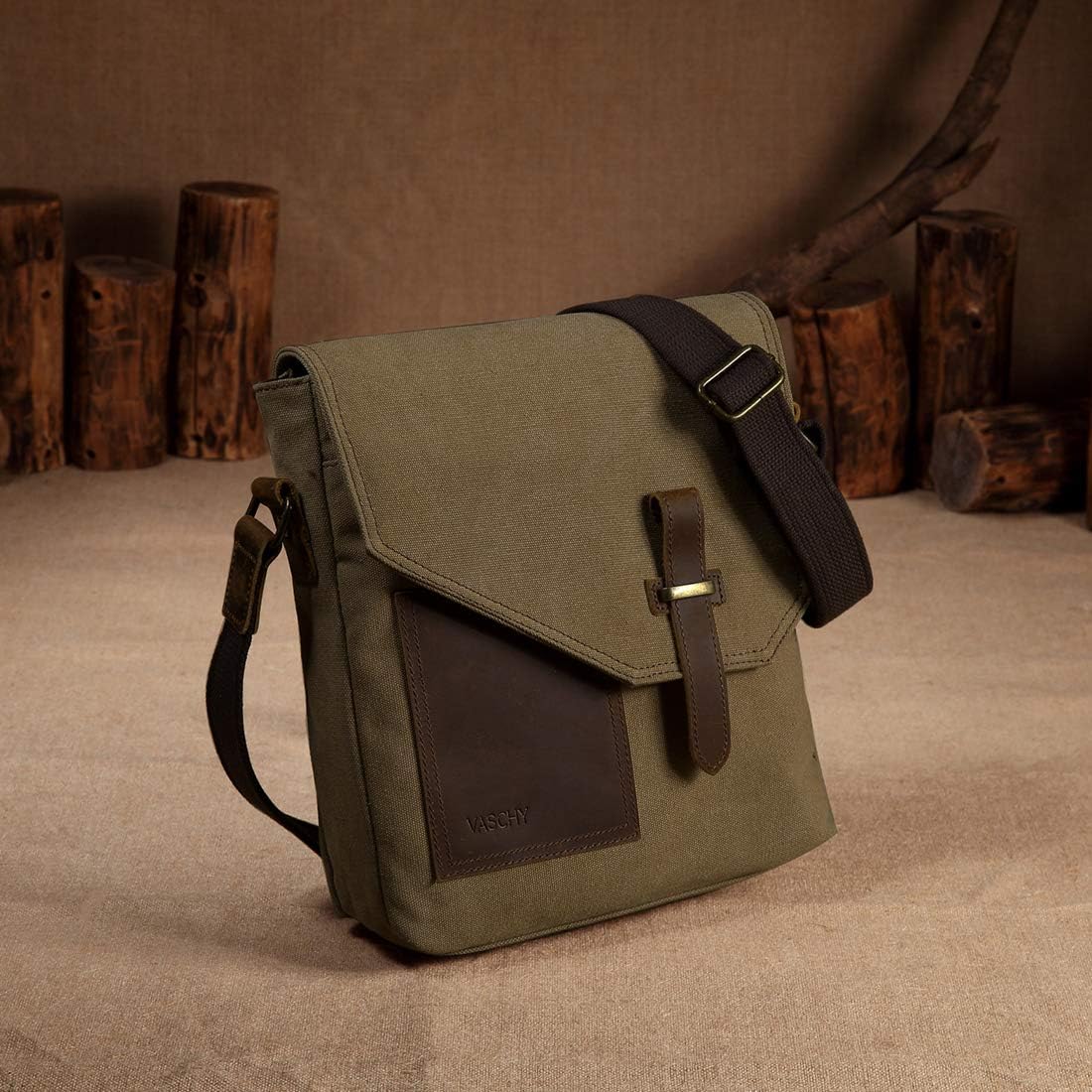 VASCHY Man Bag, Water Resistant Small Messenger Bag Shoulder Bag Vintage Canvas Leather Cross Body Bag with Multi-Pockets(Khaki) - Image 3