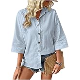 OYOANGLE Women's Button Down Loose Shirt Dolman Sleeve Collared Blouse Casual Outfits