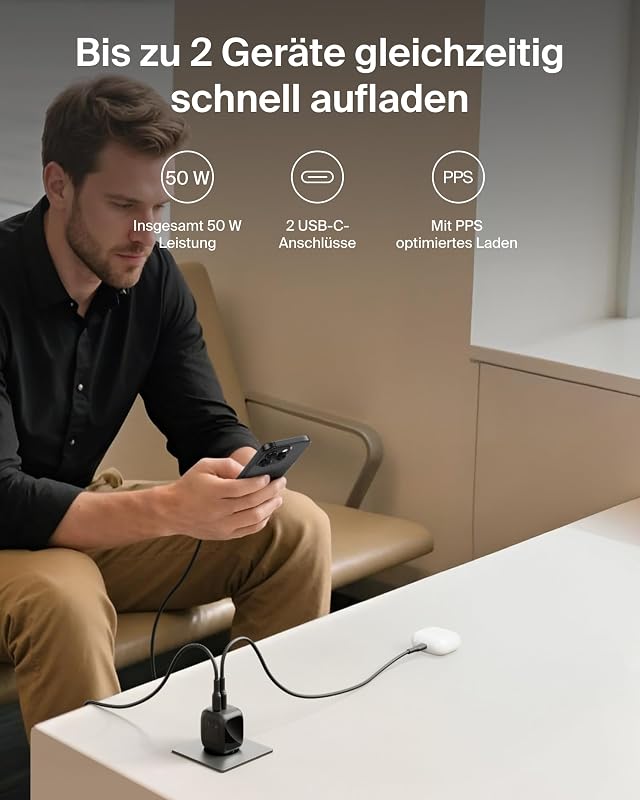 USB Ladegerät 2 Port, 50W, GaN Ladegerät mit 2 USB-C-Anschlüssen, Schnellladen für USB C Geräte wie MacBook, iPhone 17, iPad Pro, Chromebook, Galaxy S25 Ultra, Pixel 10 – Reisezubehör – Schwarz