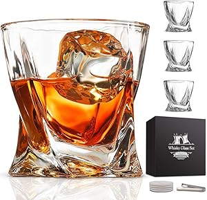 Whiskey Glass Set of 4 - Lead-Free Crystal Clear Twist Scotch Glasses 10 oz Glassware with Luxury Gift Box & 4 Drink Coasters & 1 Ice Tong for Drinking Bourbon Malt Cognac Irish Whisky