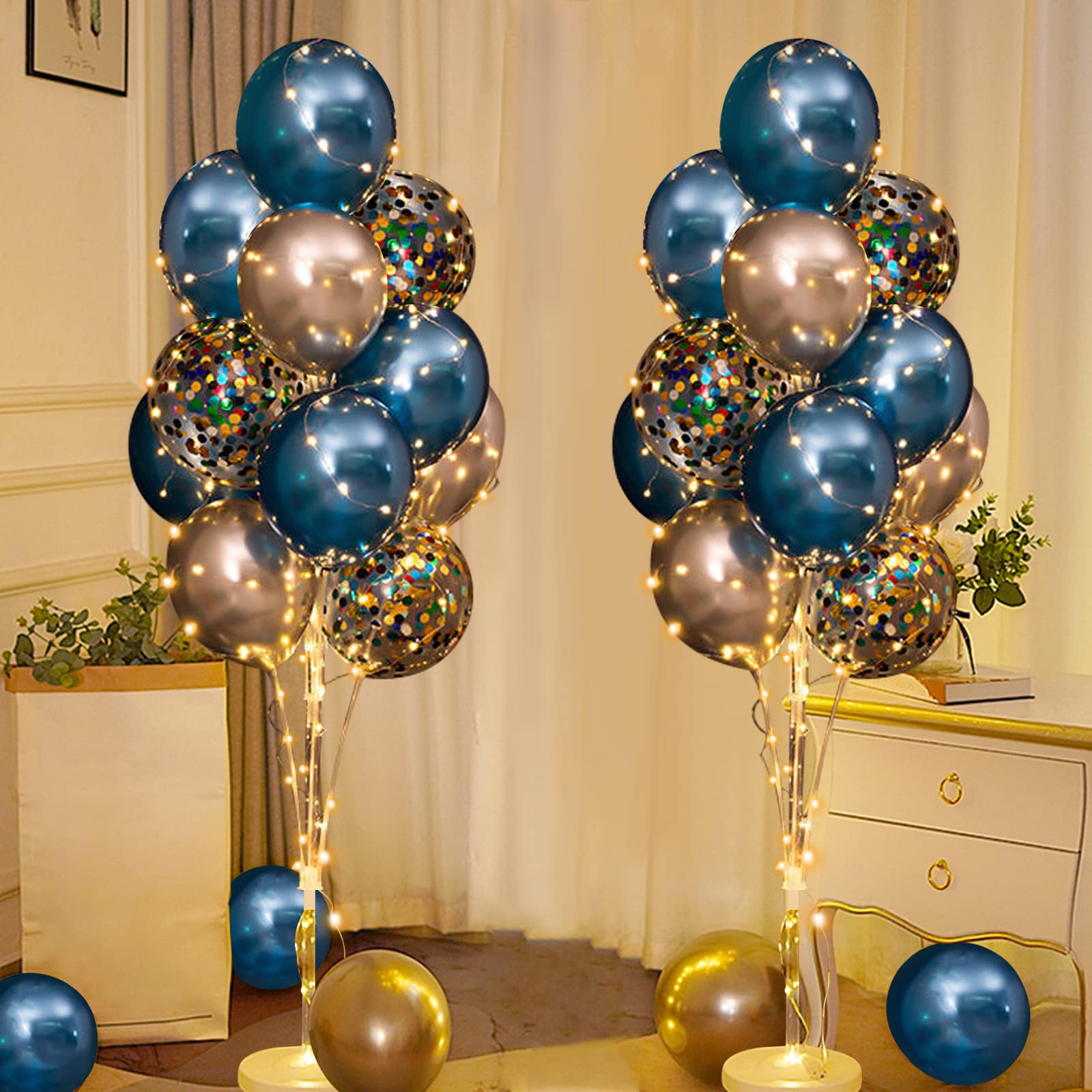 Photo 1 of Balloon Stand Kit for Floor with String Light 2 Set Rolay Blue Centerpieces Balloon Holder Decoration for Wedding Christmas Adult Birthday Party Men Bachelor Party