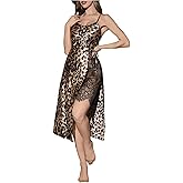 SweatyRocks Women's Leopard Satin Nightgown Split Lace Chemise Long Sleep Dress