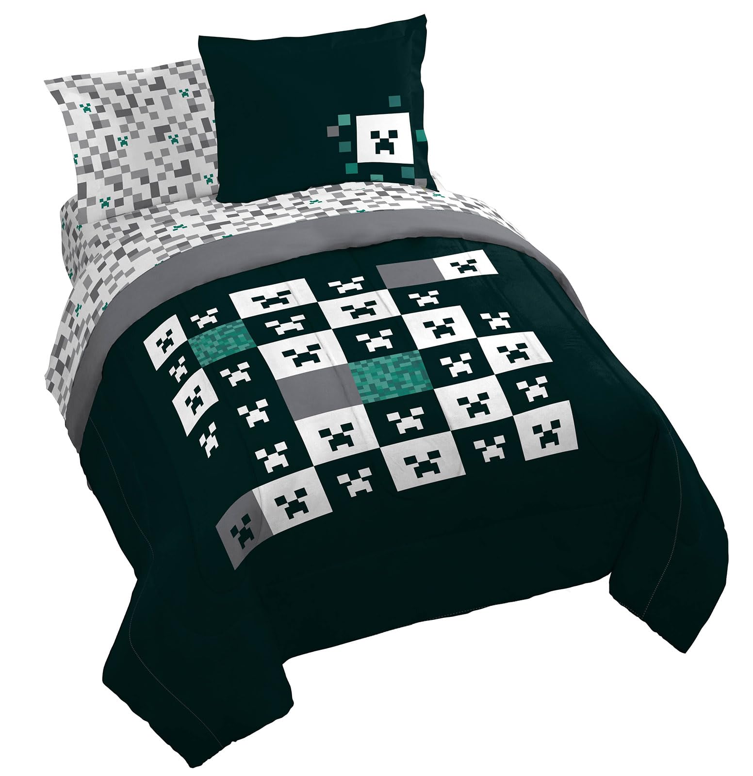 Jay Franco Minecraft Creeper Queen Comforter Set - 7 Piece Gamer Bedding Includes Sheet Set & Pillow Covers - Super Soft Checkered Bedding Image