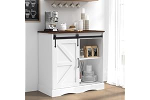 HOMFAMILIA 31.5" H Farmhouse Coffee Bar Cabinet w/Storage, White Kitchen Sideboard Buffet Cabinet with Sliding Barn Door, Rustic Accent Console with Adjustable Shelves, for Kitchen, Living Room