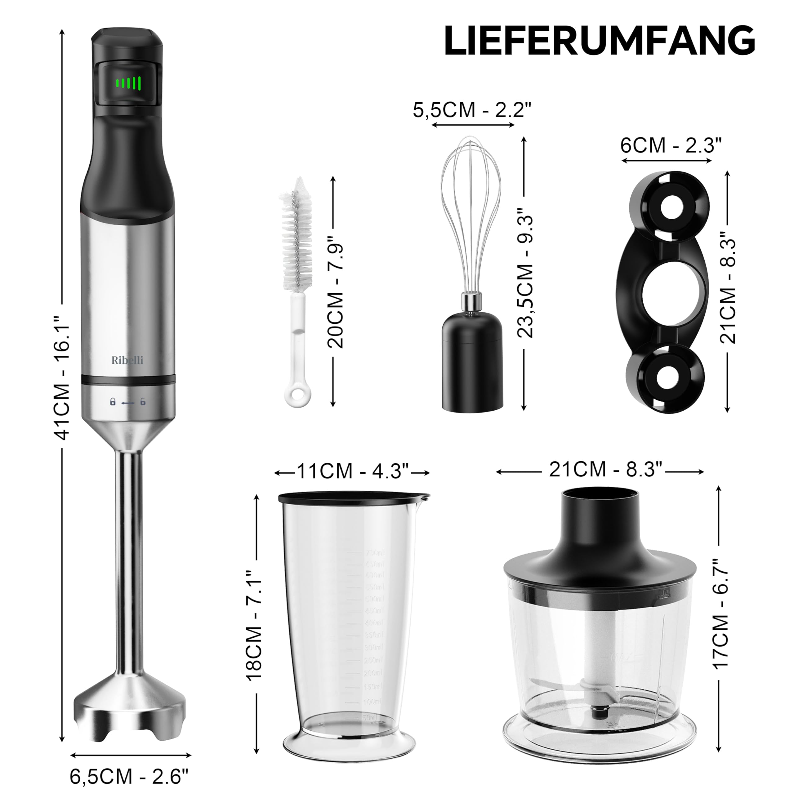 Ribelli Stabmixer Set 5-in-1 leistungsstark mit 1200W – Edelstahl Pürierstab stufenlos, Hand Blender & Mixer Küche inkl. Zerkleinerer, Schneebesen, Messbecher 700ml & Halterung für Suppe & Smoothie 7