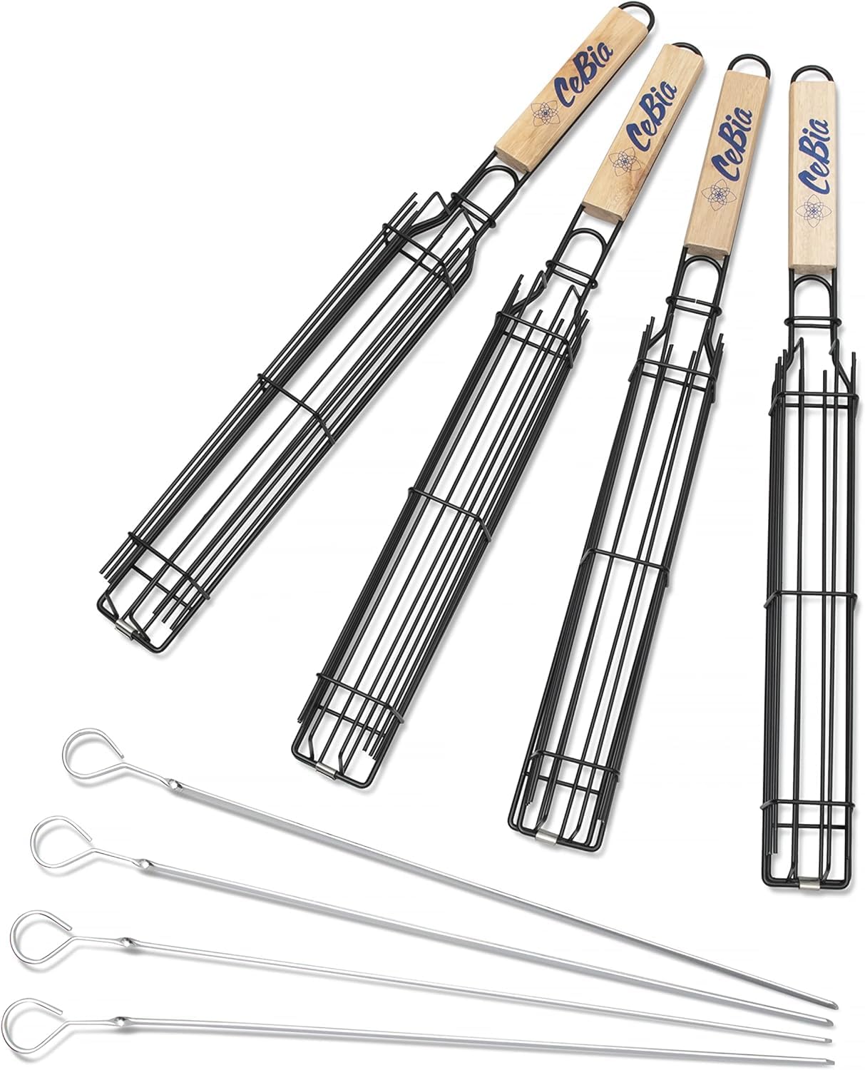 Katai - 8 Piece Grilling Basket Set for Outdoor BBQ Cooking - 4 Metal Grill Cage Baskets, 4 Flat Skewers for Vegetable, Meat, Fish & Kebab