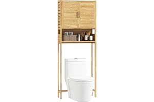 HOMCOM Bamboo Over the Toilet Storage Cabinet, Bathroom Over Toilet Organizer with 2 Doors, Open Compartment, Adjustable Shel