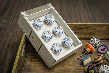 Casa Decor Handmade Ceramic Drawer Pull Cabinet with Handle and Golden Frontal Stripes (White) - Set of 6