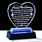 YWHL 70th Birthday Gifts for Women Men with Colorful Light Base, Laser Engraved Crystal Heart Happy 70th Birthday Decoration Plaque, Gifts Ideas for 70 Year Old Women Men Mom Dad Grandma Wife Friends