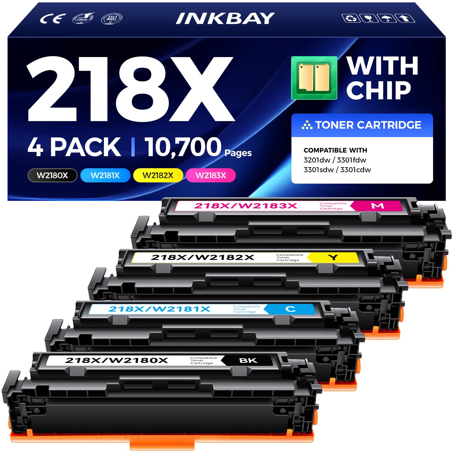 Photo 1 of 218X Toner Cartridges (with Chip) High Yield 4 Pack Replacement for HP 218X W2180X 218A W2180A Works with HP Color Laserjet Pro 3201dw MFP 3301fdw 3301sdw 3301cdw Printer Ink Black Cyan Yellow Magenta