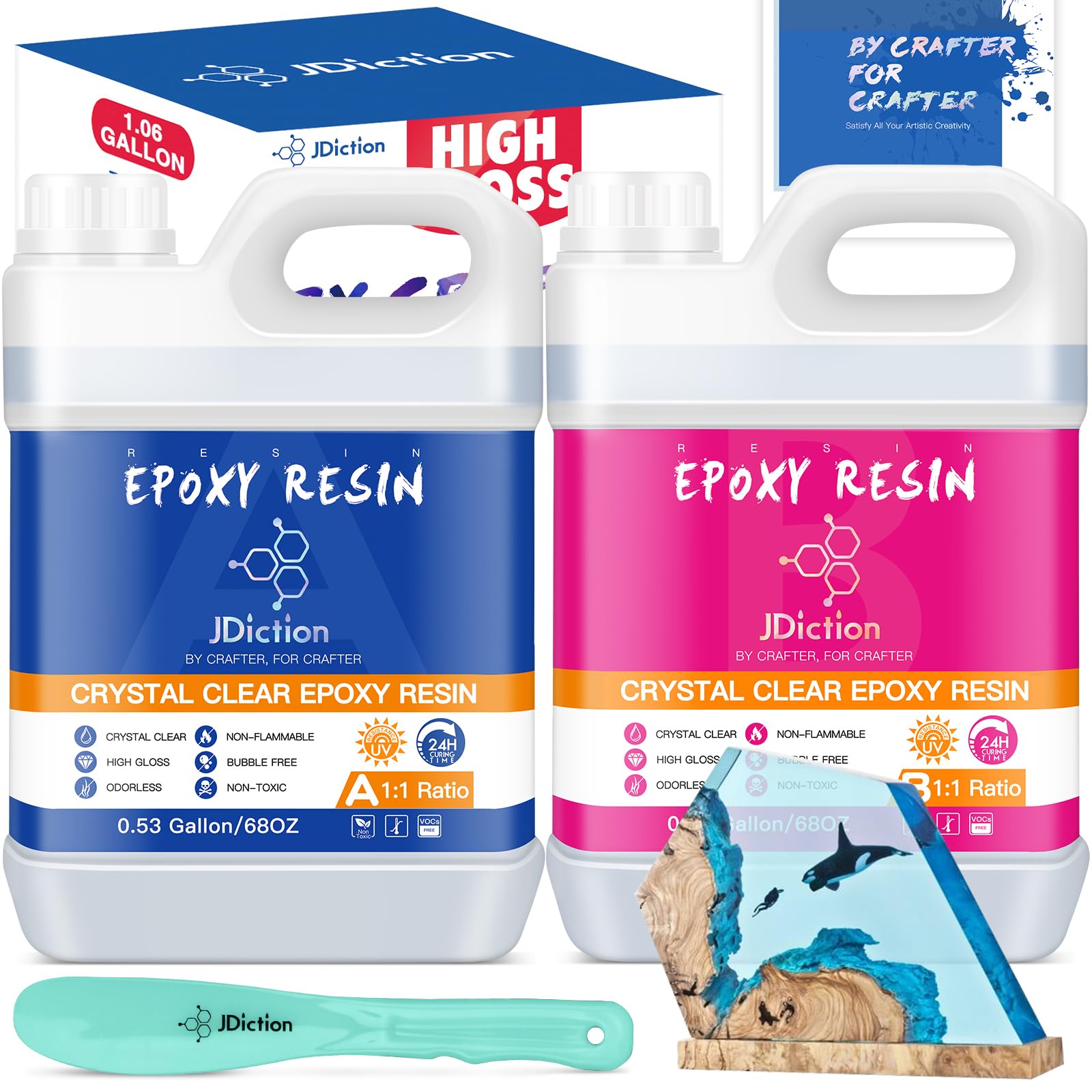 JDiction High Gloss Epoxy Resin - 4.5L/1 Gallon Crystal Clear 1:1 Mix Resin, Bubbles Free & Self Leveling Casting Resin for Worktops, Wood, Jewellery Making & Crafts - UV & Heat Resistant, Non-Toxic