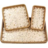Rectangle Rattan Tray with Mother of Pearl Inlay, Handmade Wicker Fruit/Bread/Coffee Serving Basket for Party Picnic Table Kitchen Home Boho Decor 3 Sizes (Wicker White)