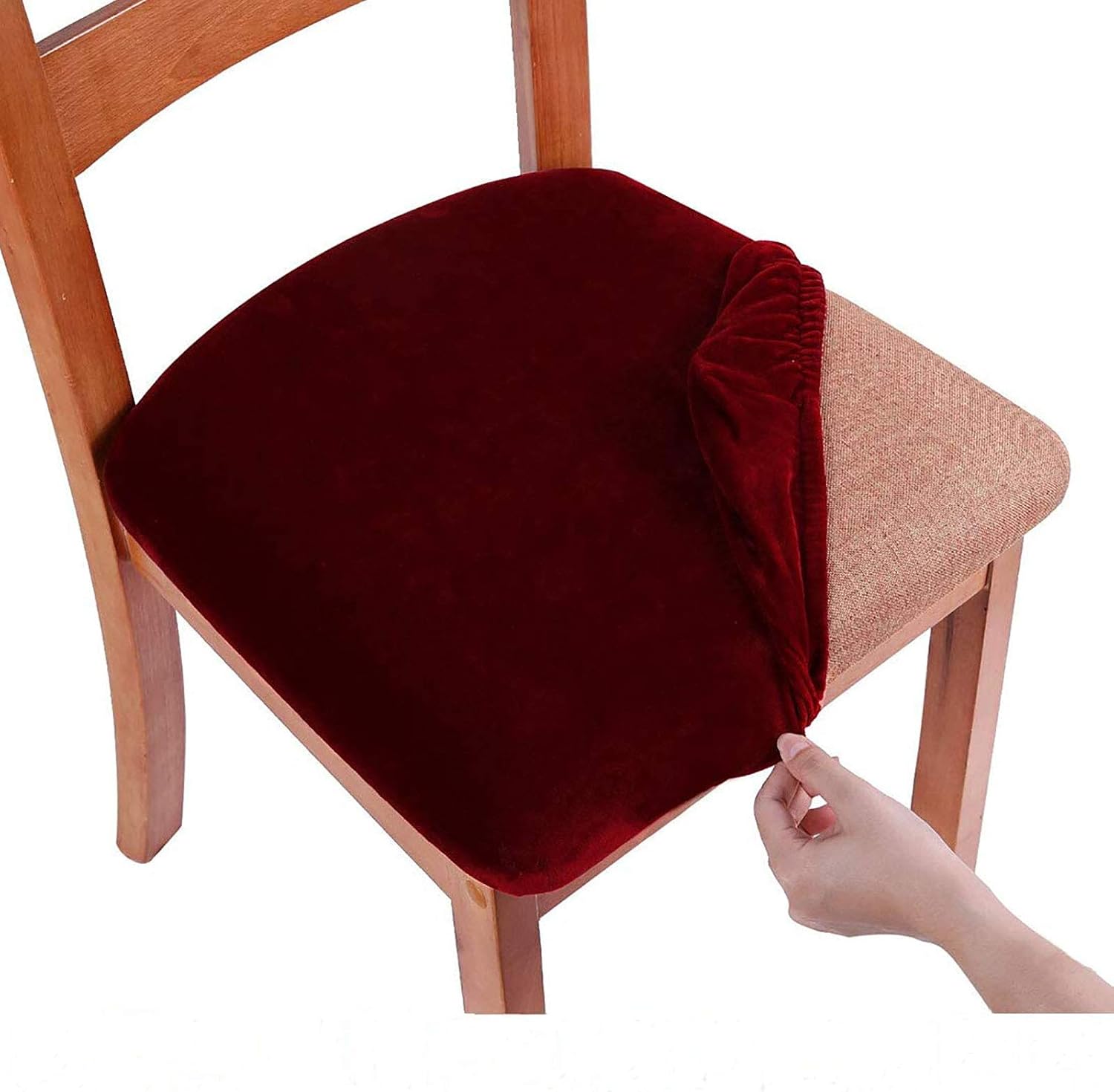 smiry Stretch Chair Seat Covers for Dining Room Velvet Dining Chair Seat Protectors Chair Slipcovers, Set of 4, Wine Red