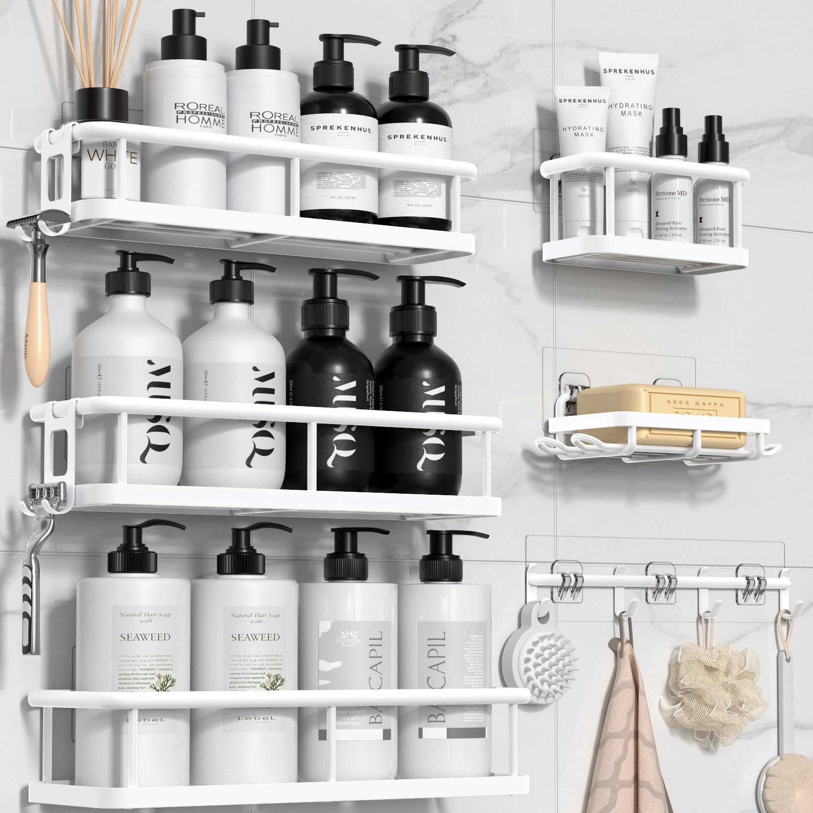 YASONIC Shower Caddy, Large Capacity Bath Organizer with Soap Holder and 12 Hooks, 6 Pack Rustproof Bathroom Shelves for Inside Shower, No Drilling&Sleek Bathroom Organizers and Storage White Image YASONIC Shower Caddy, Large Capacity Bath Organizer with Soap Holder and 12 Hooks, 6 Pack Rustproof Bathroom Shelves for Inside Shower, No Drilling&Sleek Bathroom Organizers and Storage White Image