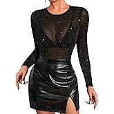 Allchic Glitter Sheer Mesh Tops for Women Long Sleeve Blouses Club T Shirts