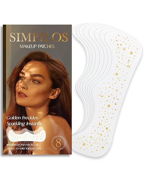 Simpilos Makeup Pathes, Body Face Glitter for Kids Women Girls, Gold Glitter Makeup Speckles for Face, Singer Concerts Festival Holiday Party Rave Accessories - 8 Counts