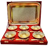 Odna Bichona Royal Wedding Gift Silver And Gold Plated Brass Bowl And Tray Set Of 13 Pcs (37.465X27.94X27.305, Silver And Gold)