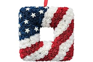 EGOLOT 13 Inch Patriotic Red White Blue Square Shape Flower Wreath for Front Door, Forth of July American Flag Color Soft Touch Floral Wreath for Indoor and Outdoor, July 4th Independence Day Wreath