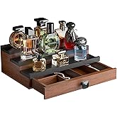 TIRYIUOU Cologne Organizer for Men: with Drawer, 3 Tier Wooden Cologne Stand Desktop Perfume Display Shelf, Bedroom Dresser Makeup Lotion Jewelry Storage Organizer ﻿