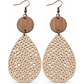 Boho Faux Leather Dangle Earrings for Women Wooden Teardrop Jewelry | Boho faux leather dangle earrings with wooden accents, hollow teardrop design, lightweight artisan style for women daily