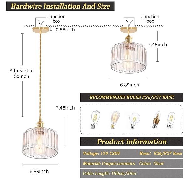 SHENMOYL PENDANT LIGHT 2 PACK WITH CLEAR STRIPED GLASS LMAPSHADE, BRASS VINTAGE PENDANT LIGHT ADJUSTABLE HANGING LIGHT FOR KITCHEN ISLAND DINING ROOM HALLWAY